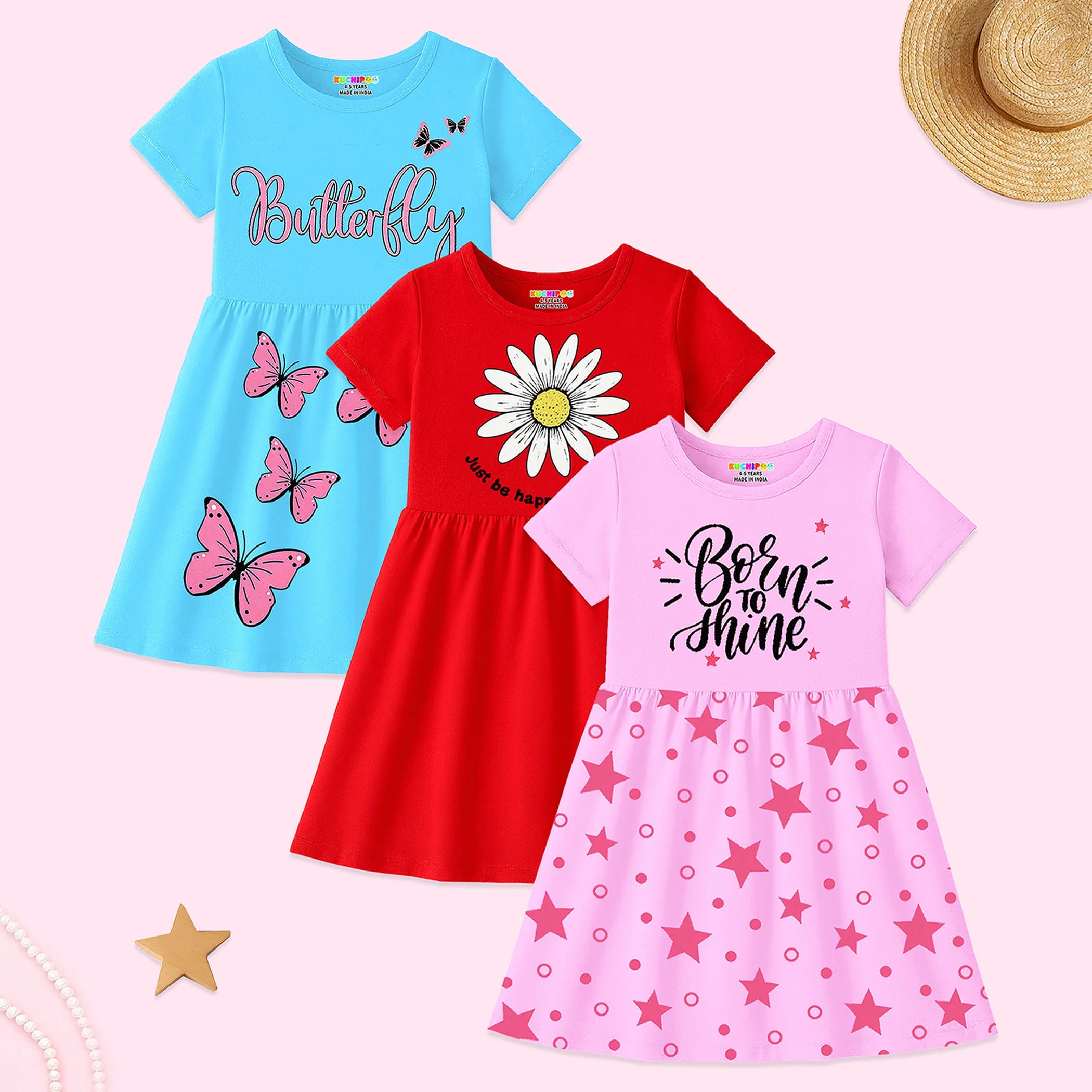 Girls' Printed Casual Dress Set - Butterfly & Floral Design (Pack of 3)