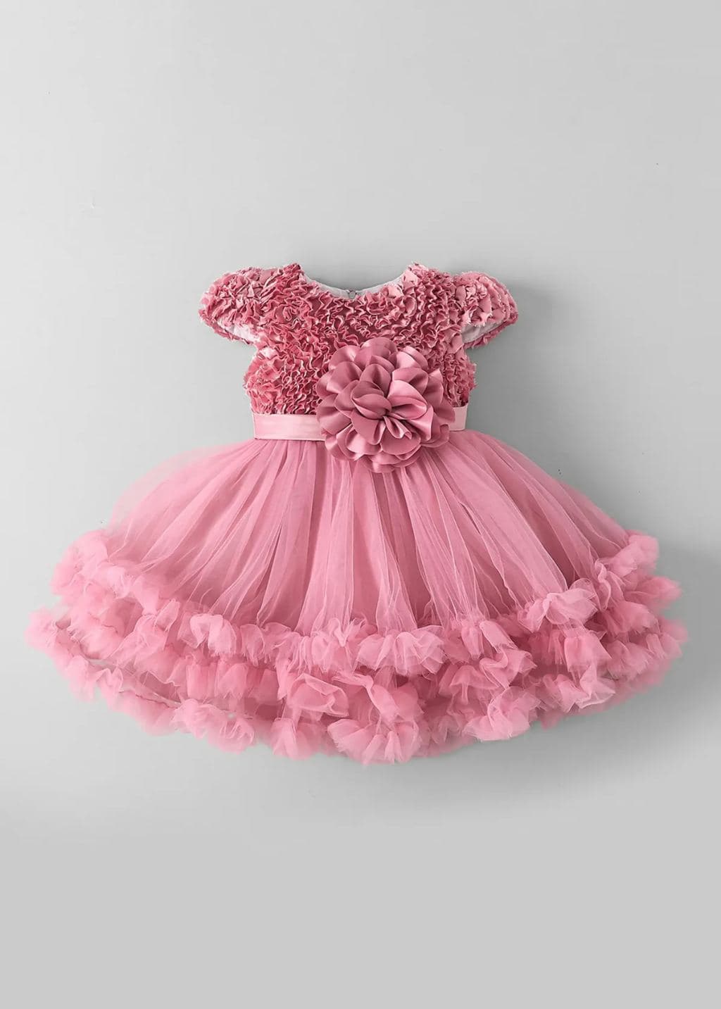 Girls' Pink Ruffle Party Dress with Floral Bodice - Tulle Skirt